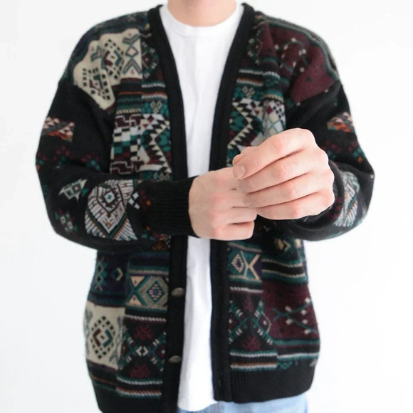 VTG  Tosani Black Purple Teal Geometric Shapes made in Canada Button Up Cardigan - Picture 1 of 13